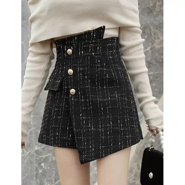 IDEALSANXUN Womens Asymmetrical Plaid Skirt Shorts Trendy High Waisted Tweed Mini Skirt ShortsBlack