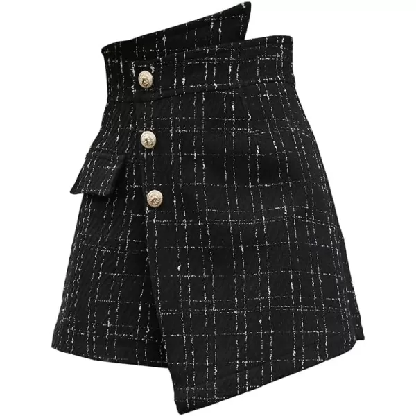 IDEALSANXUN Womens Asymmetrical Plaid Skirt Shorts Trendy High Waisted Tweed Mini Skirt ShortsBlack