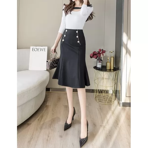 IDEALSANXUN Womens Bodycon Midi Skirt High Waisted Business Mermaid Pencil SkirtBlack