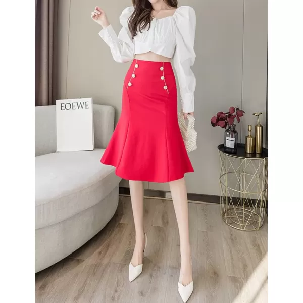 IDEALSANXUN Womens Bodycon Midi Skirt High Waisted Business Mermaid Pencil SkirtRed