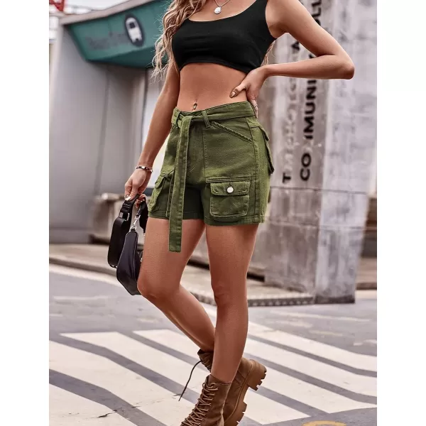 IDEALSANXUN Womens Cargo Shorts Summer Jean Shorts High Waisted Y2K Cool Denim Short with Tie BeltArmy