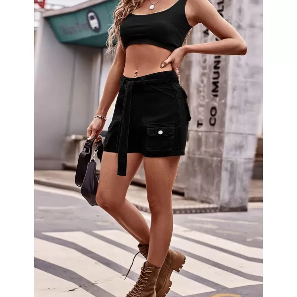 IDEALSANXUN Womens Cargo Shorts Summer Jean Shorts High Waisted Y2K Cool Denim Short with Tie BeltBlack