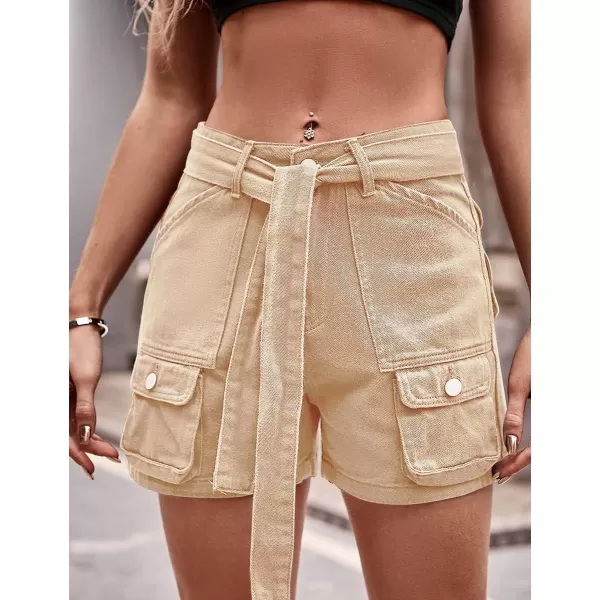 IDEALSANXUN Womens Cargo Shorts Summer Jean Shorts High Waisted Y2K Cool Denim Short with Tie BeltKhaki