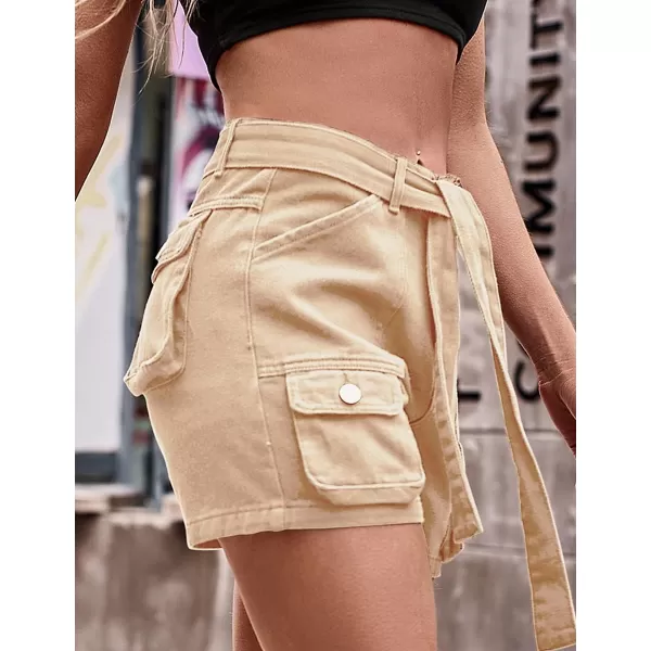 IDEALSANXUN Womens Cargo Shorts Summer Jean Shorts High Waisted Y2K Cool Denim Short with Tie BeltKhaki