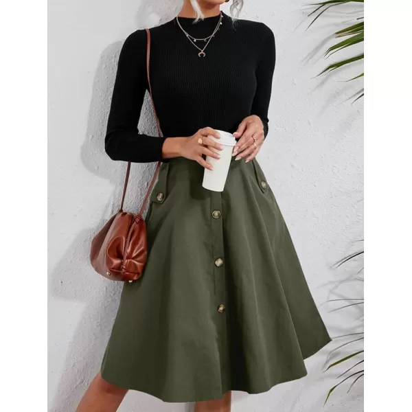 IDEALSANXUN Womens Casual High Waisted A Line Flowy Flare Cotton Business Knee Length Skirt with PocketGreen