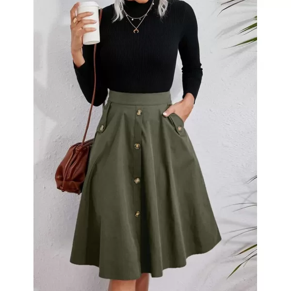IDEALSANXUN Womens Casual High Waisted A Line Flowy Flare Cotton Business Knee Length Skirt with PocketGreen