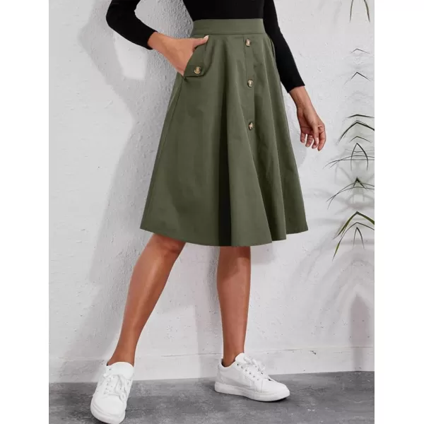 IDEALSANXUN Womens Casual High Waisted A Line Flowy Flare Cotton Business Knee Length Skirt with PocketGreen