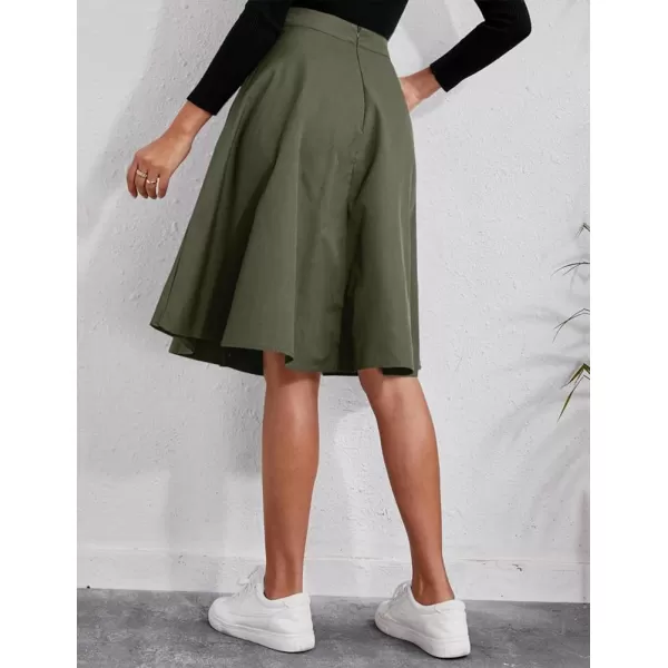 IDEALSANXUN Womens Casual High Waisted A Line Flowy Flare Cotton Business Knee Length Skirt with PocketGreen