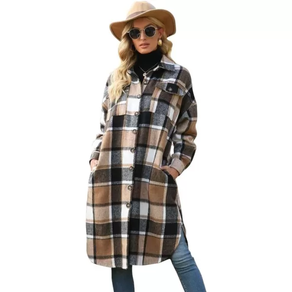 IDEALSANXUN Womens Casual Thicken Plaid Wool Long Shirt Jackets Flannel Shackets2 Brown