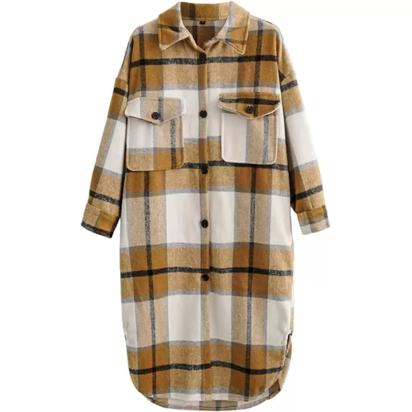 IDEALSANXUN Womens Casual Thicken Plaid Wool Long Shirt Jackets Flannel ShacketsKhaki