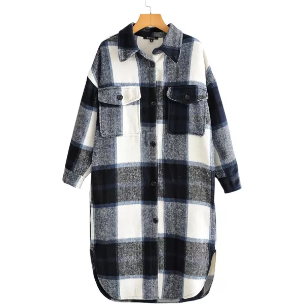 IDEALSANXUN Womens Casual Thicken Plaid Wool Long Shirt Jackets Flannel ShacketsNavy 01