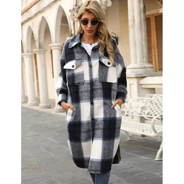 IDEALSANXUN Womens Casual Thicken Plaid Wool Long Shirt Jackets Flannel ShacketsNavy 01