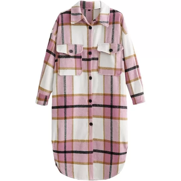 IDEALSANXUN Womens Casual Thicken Plaid Wool Long Shirt Jackets Flannel ShacketsPink