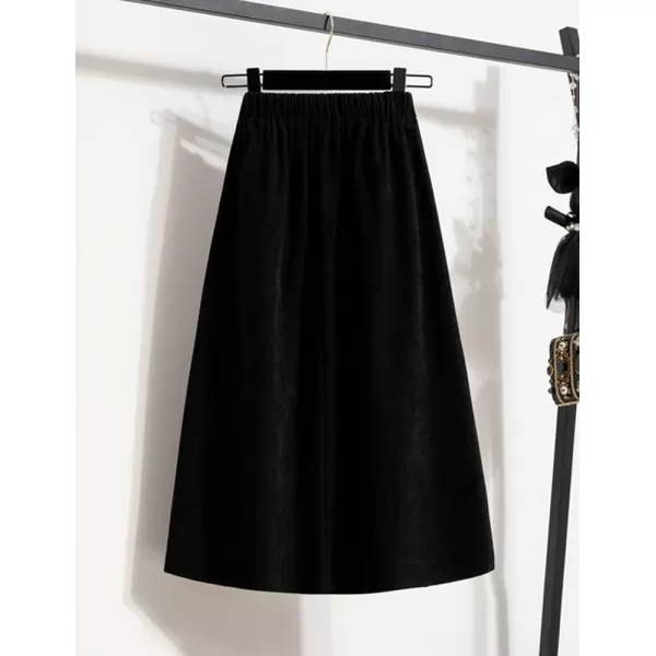 IDEALSANXUN Womens Corduroy Pleated Midi Skirt Casual Elastic High Waisted A Line Flared Fall Winter SkirtBlack