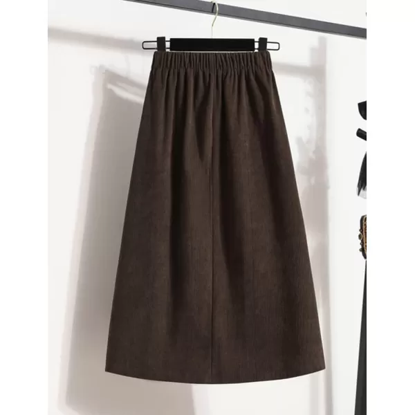 IDEALSANXUN Womens Corduroy Pleated Midi Skirt Casual Elastic High Waisted A Line Flared Fall Winter SkirtCoffee