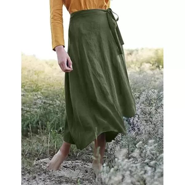IDEALSANXUN Womens Cotton Linen Midi Skirt High Waisted A Line Fairy Beach Flowy Long SkirtArmy