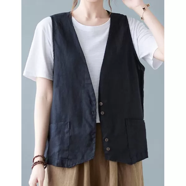 IDEALSANXUN Womens Cotton Linen Vest Casual Sleeveless Blazer Cardigans Lightweight Jacket Waistcoat2 Black