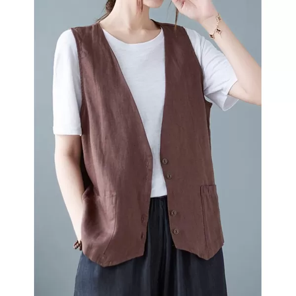 IDEALSANXUN Womens Cotton Linen Vest Casual Sleeveless Blazer Cardigans Lightweight Jacket Waistcoat2 Coffee