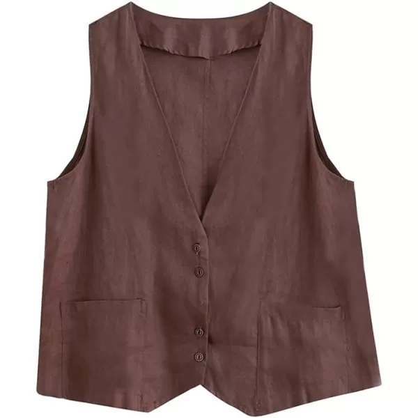 IDEALSANXUN Womens Cotton Linen Vest Casual Sleeveless Blazer Cardigans Lightweight Jacket Waistcoat2 Coffee