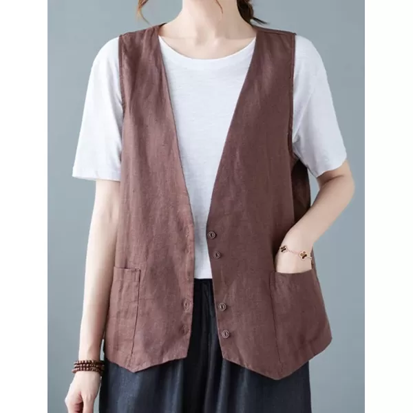 IDEALSANXUN Womens Cotton Linen Vest Casual Sleeveless Blazer Cardigans Lightweight Jacket Waistcoat2 Coffee