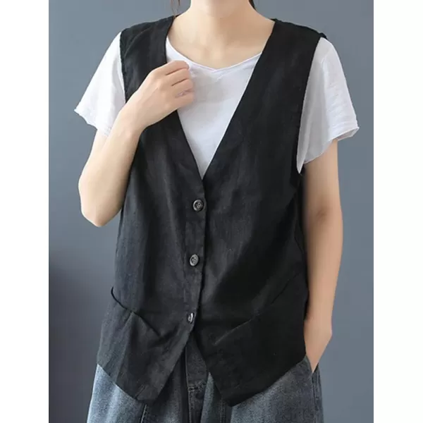 IDEALSANXUN Womens Cotton Linen Vest Casual Sleeveless Blazer Cardigans Lightweight Jacket WaistcoatBlack