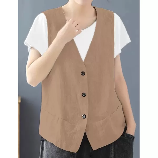 IDEALSANXUN Womens Cotton Linen Vest Casual Sleeveless Blazer Cardigans Lightweight Jacket WaistcoatKhaki