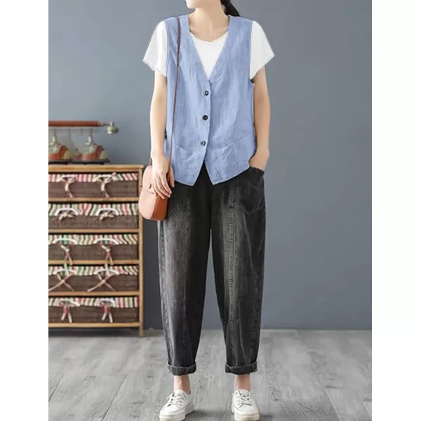 IDEALSANXUN Womens Cotton Linen Vest Casual Sleeveless Blazer Cardigans Lightweight Jacket WaistcoatLight Blue