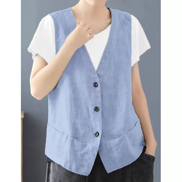 IDEALSANXUN Womens Cotton Linen Vest Casual Sleeveless Blazer Cardigans Lightweight Jacket WaistcoatLight Blue