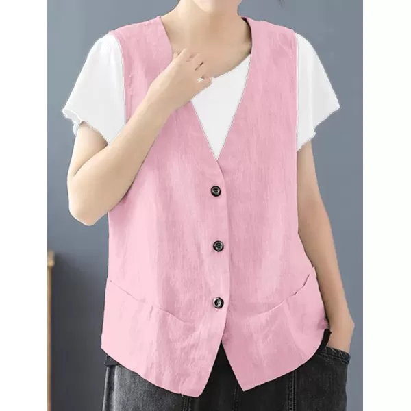 IDEALSANXUN Womens Cotton Linen Vest Casual Sleeveless Blazer Cardigans Lightweight Jacket WaistcoatPink