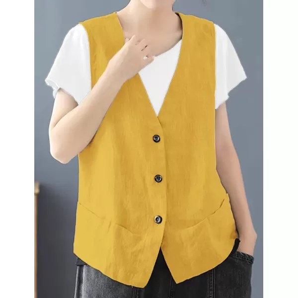 IDEALSANXUN Womens Cotton Linen Vest Casual Sleeveless Blazer Cardigans Lightweight Jacket WaistcoatYellow