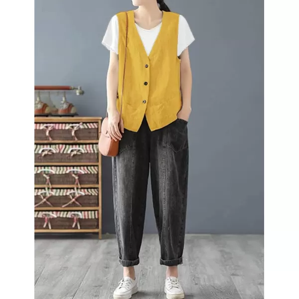 IDEALSANXUN Womens Cotton Linen Vest Casual Sleeveless Blazer Cardigans Lightweight Jacket WaistcoatYellow