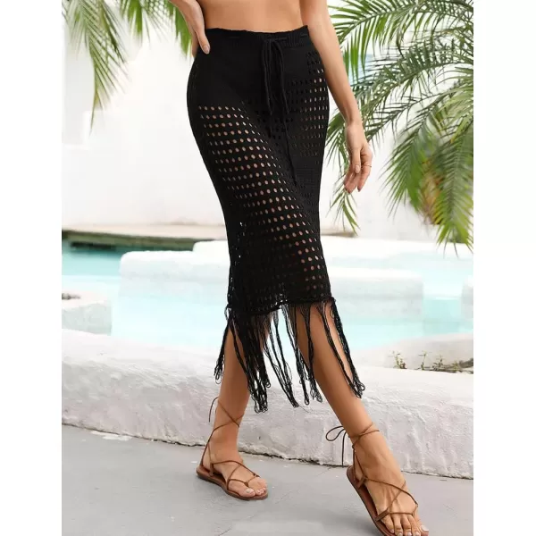 IDEALSANXUN Womens Crochet Skirt Cover Up High Waisted Sheer Swimsuit Sexy Beach Skirt Tassel Knit Mesh Midi SkirtBlack