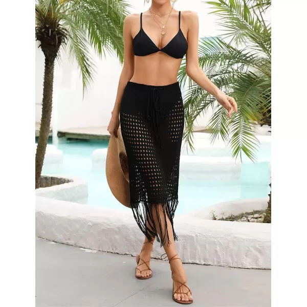 IDEALSANXUN Womens Crochet Skirt Cover Up High Waisted Sheer Swimsuit Sexy Beach Skirt Tassel Knit Mesh Midi SkirtBlack