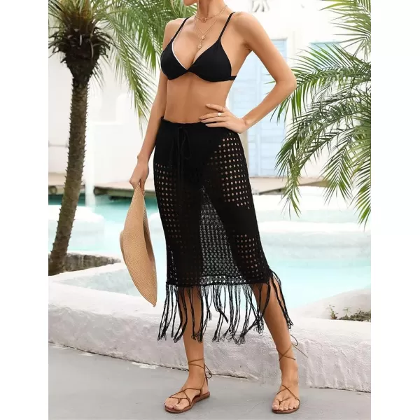 IDEALSANXUN Womens Crochet Skirt Cover Up High Waisted Sheer Swimsuit Sexy Beach Skirt Tassel Knit Mesh Midi SkirtBlack