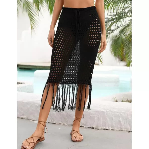 IDEALSANXUN Womens Crochet Skirt Cover Up High Waisted Sheer Swimsuit Sexy Beach Skirt Tassel Knit Mesh Midi SkirtBlack