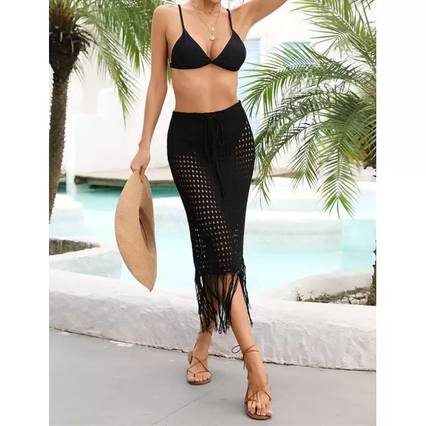 IDEALSANXUN Womens Crochet Skirt Cover Up High Waisted Sheer Swimsuit Sexy Beach Skirt Tassel Knit Mesh Midi SkirtBlack