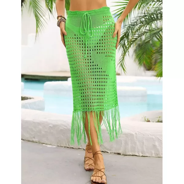 IDEALSANXUN Womens Crochet Skirt Cover Up High Waisted Sheer Swimsuit Sexy Beach Skirt Tassel Knit Mesh Midi SkirtGreen