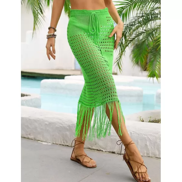 IDEALSANXUN Womens Crochet Skirt Cover Up High Waisted Sheer Swimsuit Sexy Beach Skirt Tassel Knit Mesh Midi SkirtGreen