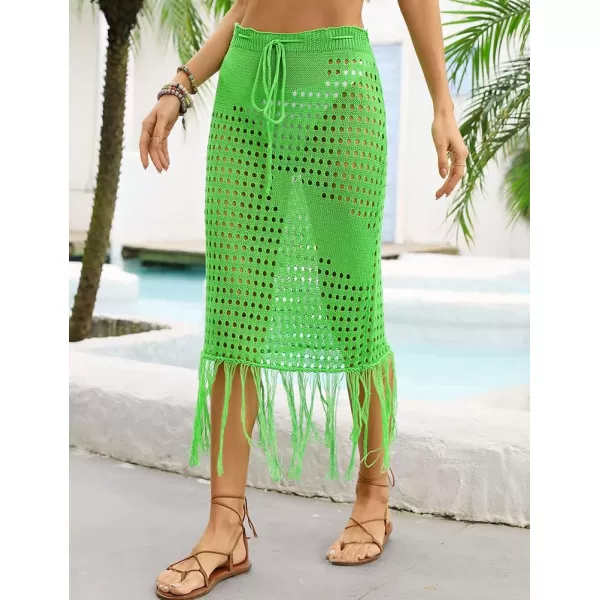 IDEALSANXUN Womens Crochet Skirt Cover Up High Waisted Sheer Swimsuit Sexy Beach Skirt Tassel Knit Mesh Midi SkirtGreen