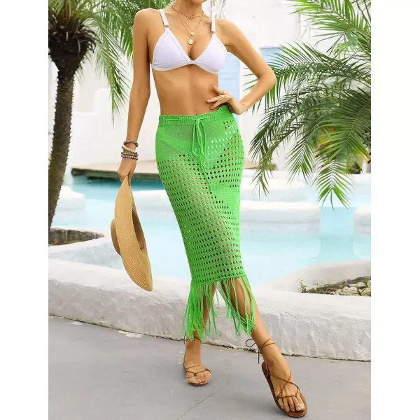 IDEALSANXUN Womens Crochet Skirt Cover Up High Waisted Sheer Swimsuit Sexy Beach Skirt Tassel Knit Mesh Midi SkirtGreen