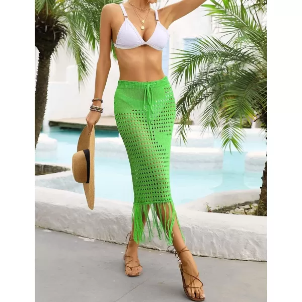 IDEALSANXUN Womens Crochet Skirt Cover Up High Waisted Sheer Swimsuit Sexy Beach Skirt Tassel Knit Mesh Midi SkirtGreen