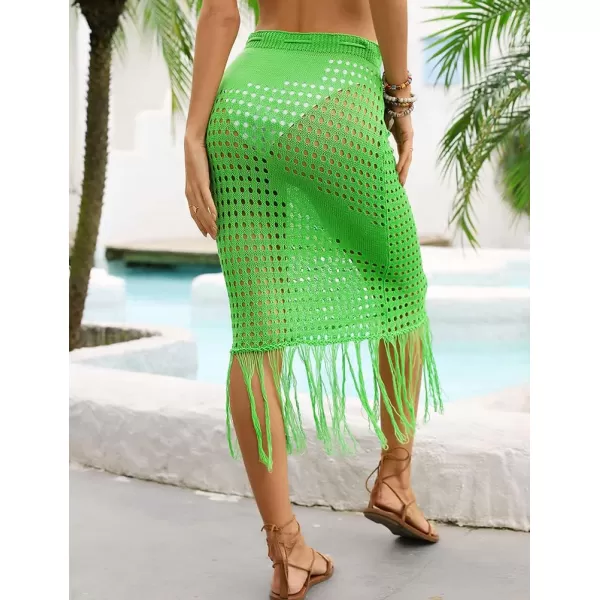 IDEALSANXUN Womens Crochet Skirt Cover Up High Waisted Sheer Swimsuit Sexy Beach Skirt Tassel Knit Mesh Midi SkirtGreen