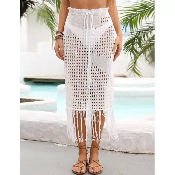 IDEALSANXUN Womens Crochet Skirt Cover Up High Waisted Sheer Swimsuit Sexy Beach Skirt Tassel Knit Mesh Midi SkirtWhite