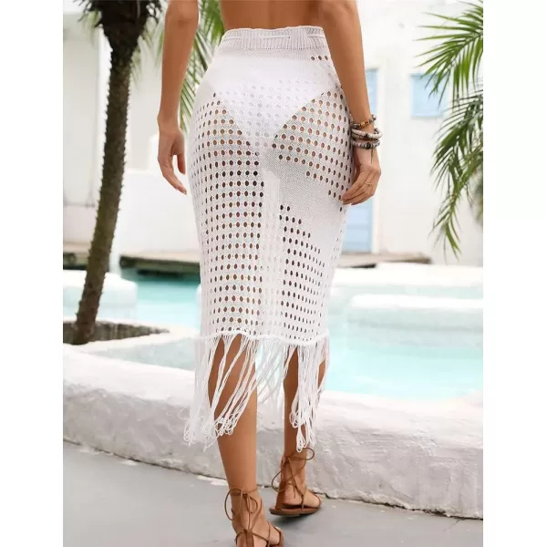 IDEALSANXUN Womens Crochet Skirt Cover Up High Waisted Sheer Swimsuit Sexy Beach Skirt Tassel Knit Mesh Midi SkirtWhite