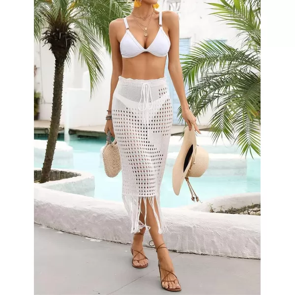 IDEALSANXUN Womens Crochet Skirt Cover Up High Waisted Sheer Swimsuit Sexy Beach Skirt Tassel Knit Mesh Midi SkirtWhite