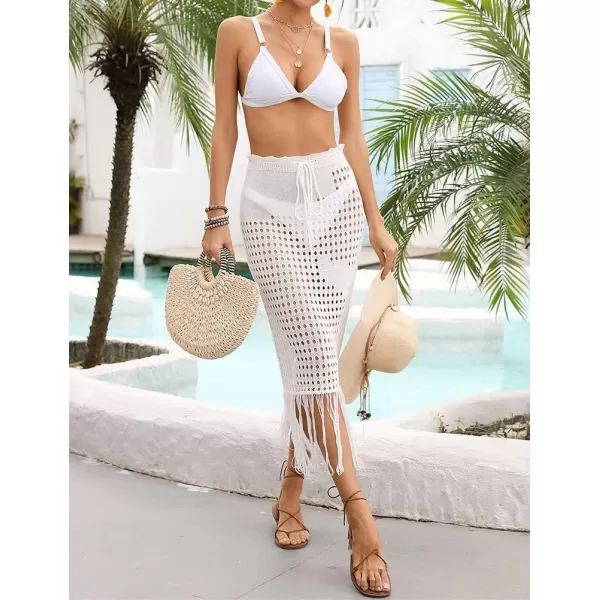 IDEALSANXUN Womens Crochet Skirt Cover Up High Waisted Sheer Swimsuit Sexy Beach Skirt Tassel Knit Mesh Midi SkirtWhite