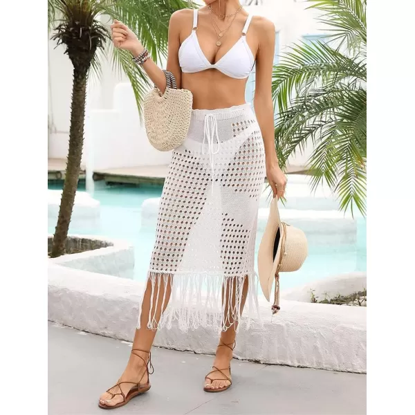 IDEALSANXUN Womens Crochet Skirt Cover Up High Waisted Sheer Swimsuit Sexy Beach Skirt Tassel Knit Mesh Midi SkirtWhite