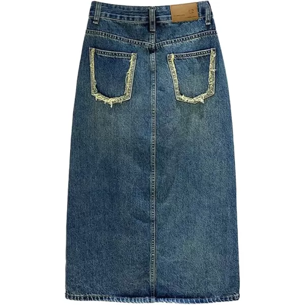 IDEALSANXUN Womens Denim Midi Skirt Casual High Waisted A Line Slit Long Jean SkirtBlue