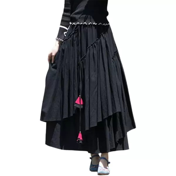 IDEALSANXUN Womens Elastic Waist Aline Cotton Lined Retro Maxi Hem Pleated Long SkirtsBlack