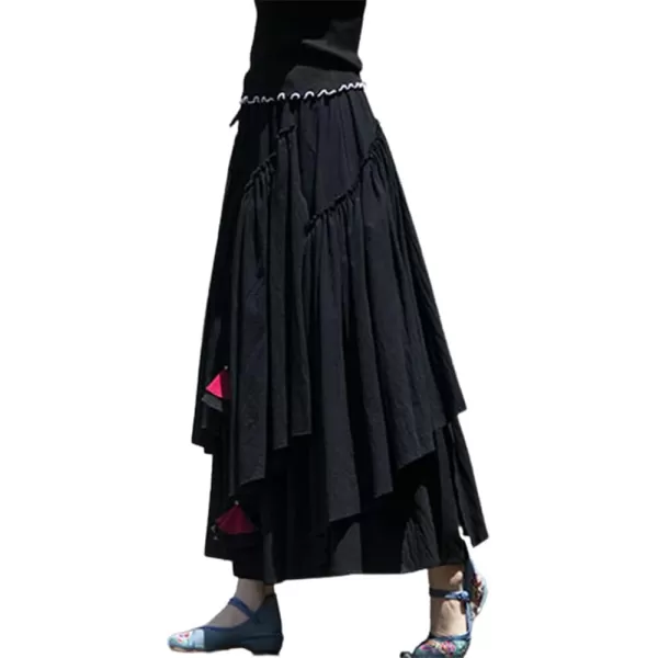 IDEALSANXUN Womens Elastic Waist Aline Cotton Lined Retro Maxi Hem Pleated Long SkirtsBlack